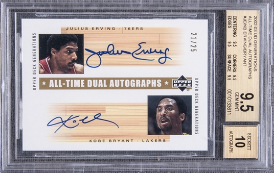 2002-03 UD Generations "All-Time Dual Autographs" #JE/KB Julius Erving/Kobe Bryant Dual-Signed Card (#21/25) – BGS GEM MINT 9.5/BGS 10